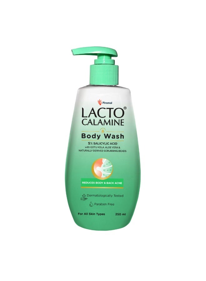 Lacto Calamine 1% Salicylic Acid Body Wash | 250ml | For Body Acne, Back Acne, Rough & Bumpy Skin |Cica, Aloe Vera, Turmeric & Natural Scrub Beads | Paraben Free | Body Wash Shower Gel For Men & Women - Image 1